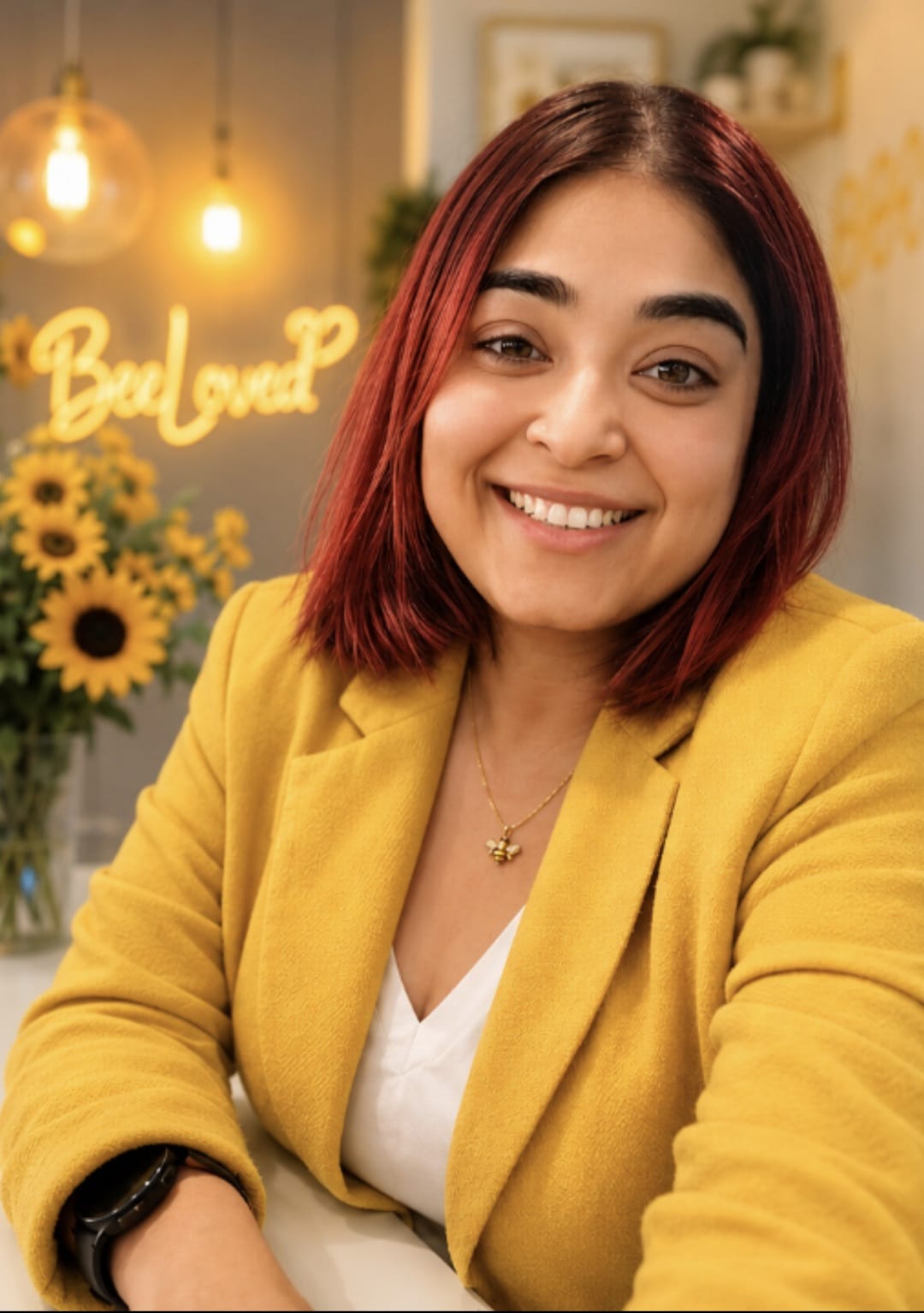 Bhavya Jha, founder of BeeLoved Studio, smiling in a mustard blazer